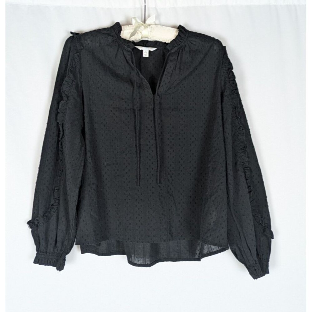 Time And Tru Blouse S Women's Black Swiss Dot Vneck Long Sleeve Ruffles Classic